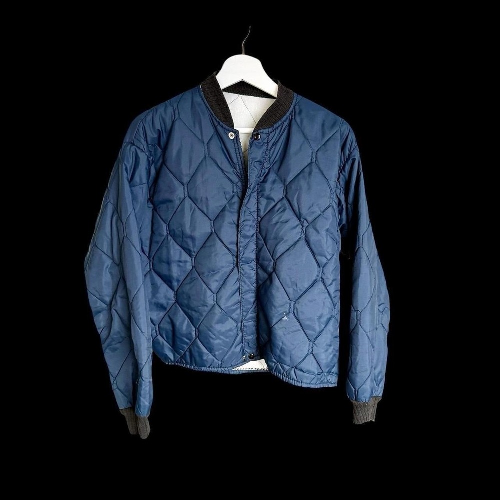 Quilted Blue Jacket Coat Vintage 60s 70s Emar Zipper Large Lightweight Liner